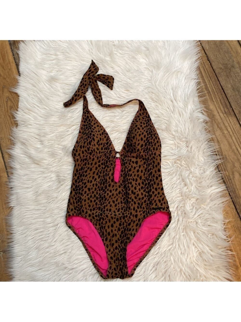 DKNY Leopard Print Plunge Neck One-Piece Swimsuit, Size 10